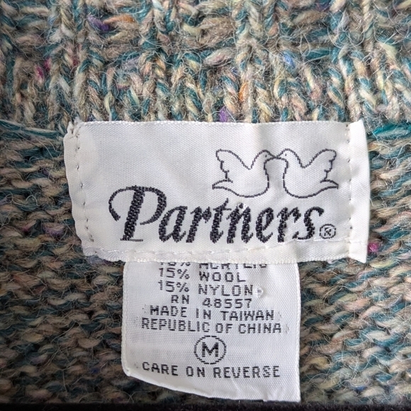 VTG 80s Partners Wool Blend Open Front Vest Medium Teal Multicolor Knit - Picture 3 of 6